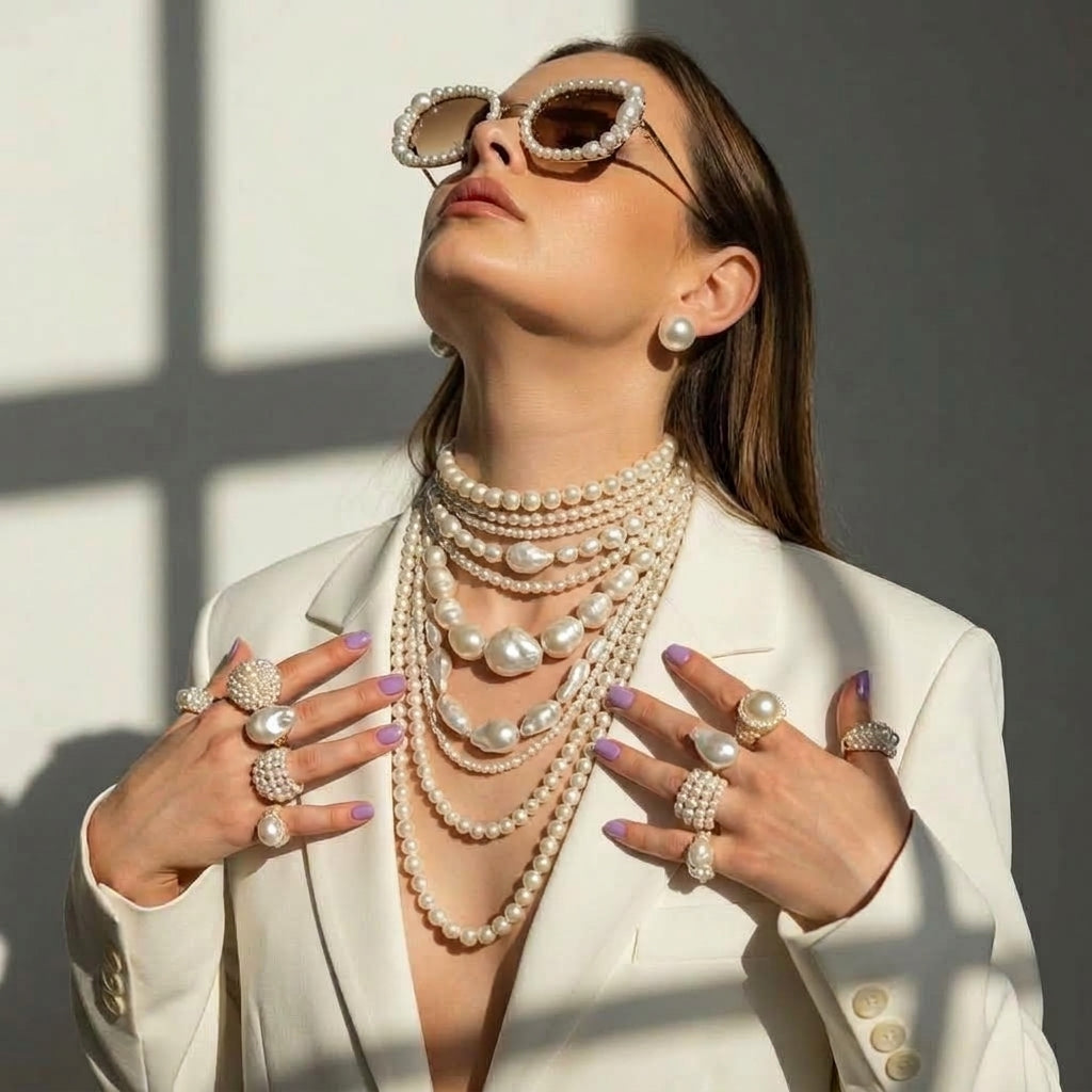 Femme portant plusieurs colliers, bagues, boucles d’oreilles et lunettes ornés de perles blanches, avec un blazer blanc.