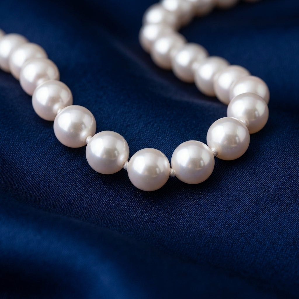 High-end macro photography of a pristine AAA grade white Japanese Akoya pearl strand