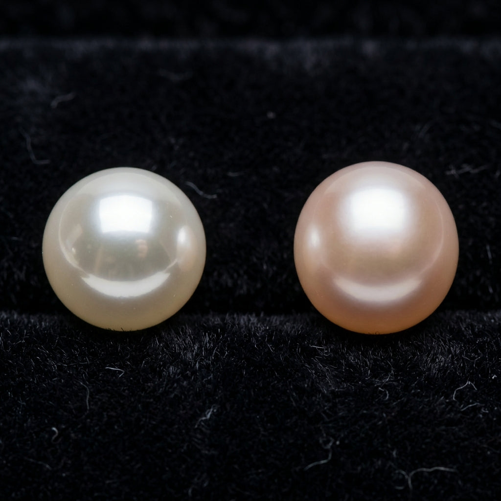 Side-by-side macro laboratory comparison of an Akoya pearl showing pin-sharp mirror reflection vs a freshwater pearl showing soft satin glow