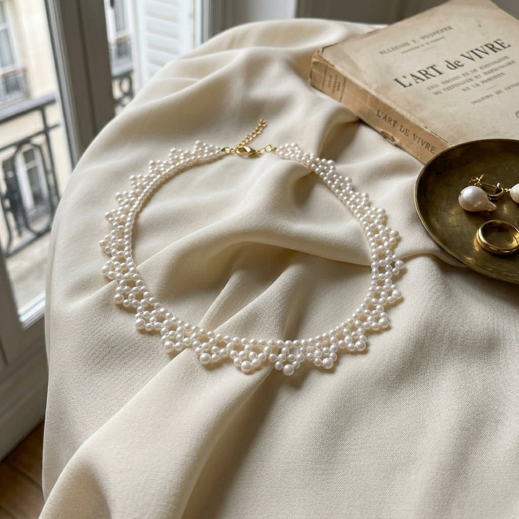 A modern baroque pearl necklace featuring luminous, irregular pearls resting gracefully on softly draped cream-colored silk.