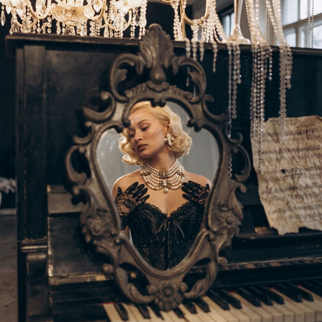 Blonde woman wearing layered pearl necklaces, black lace gloves, and a black corset, reflected in an ornate vintage mirror above a piano.