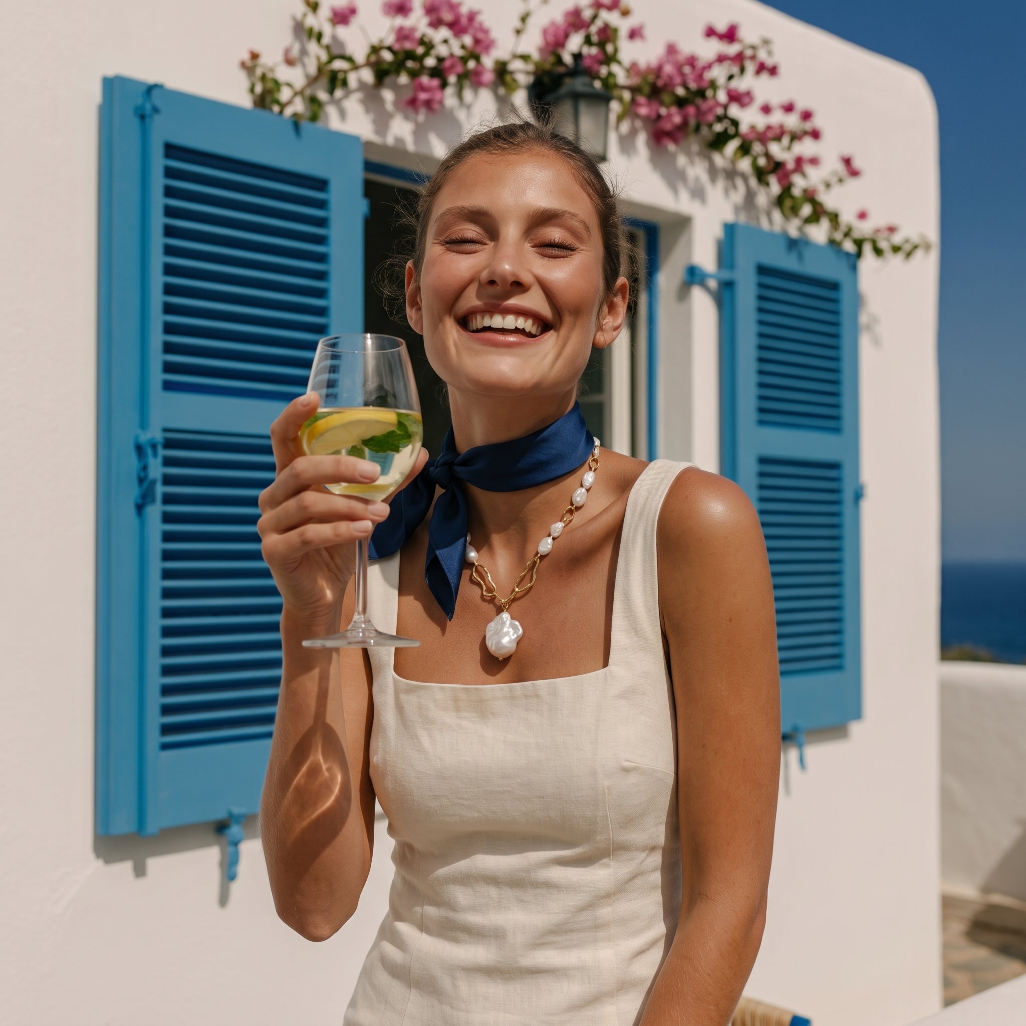 A smiling woman in a cream square-neck slip dress wearing a Grande Lilith baroque pearl drop necklace, holding a summer drink against a backdrop of blue shutters and bougainvillea.