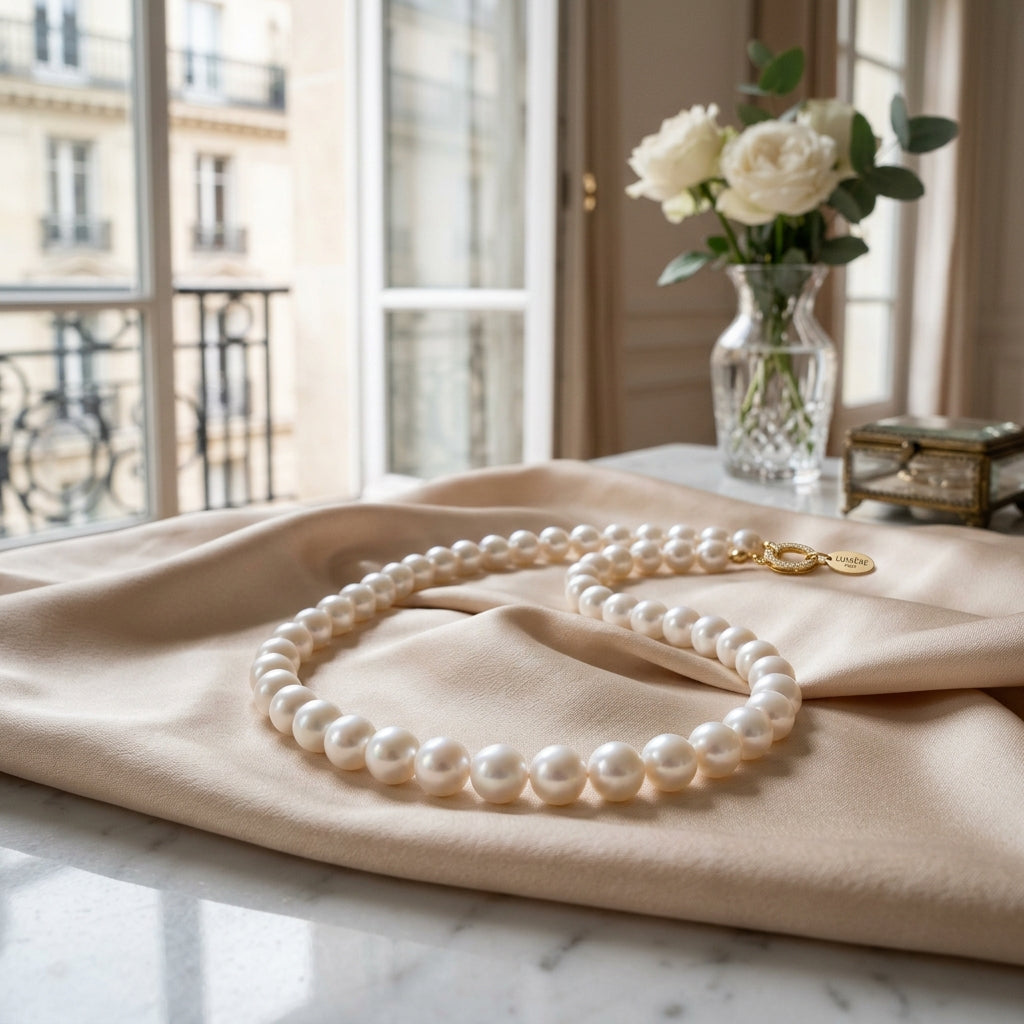 Luxury AAA-grade cultured freshwater pearl necklace resting on soft silk fabric.