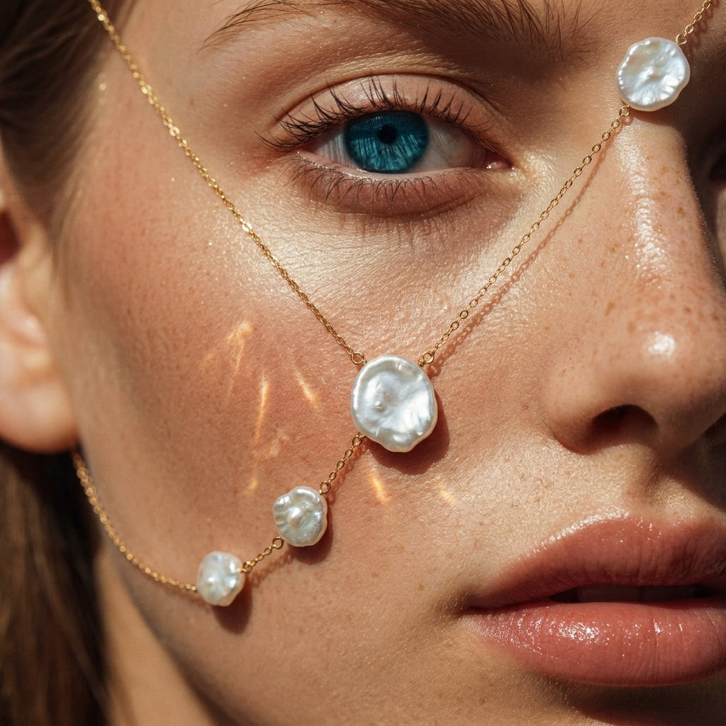 Extreme close-up of a woman's face in warm sunlight, with a delicate gold chain necklace featuring irregularly shaped, highly lustrous cultured keshi pearls artistically draped across her cheek and eye.