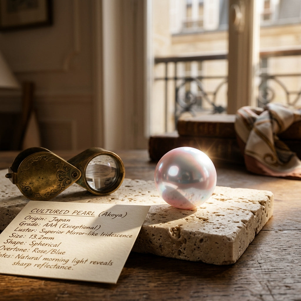 A highly lustrous cultured pearl resting on a travertine stone next to a vintage jeweler's loupe, illustrating the high visual standards of commercial pearl grades.