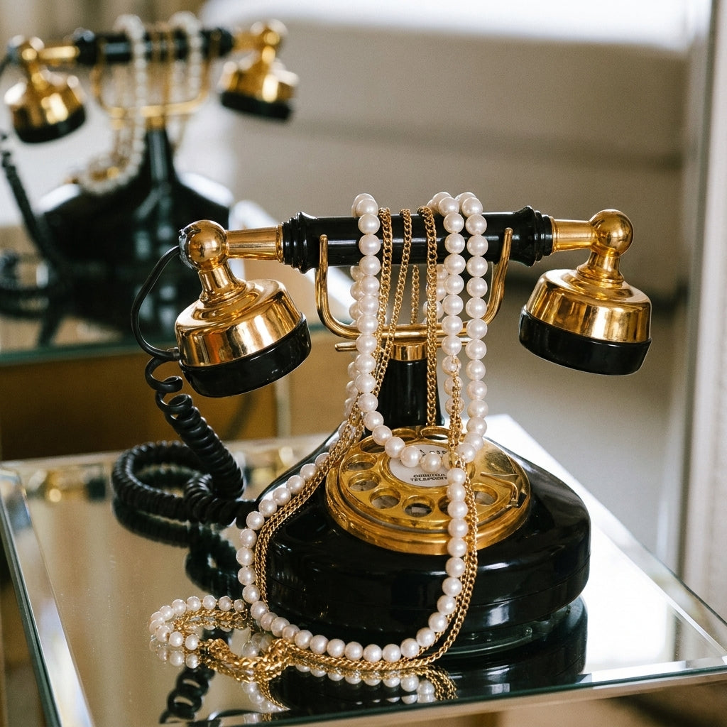 White pearl necklaces and gold chains draped over a vintage black and gold telephone, illustrating luxury designer pearl jewelry.