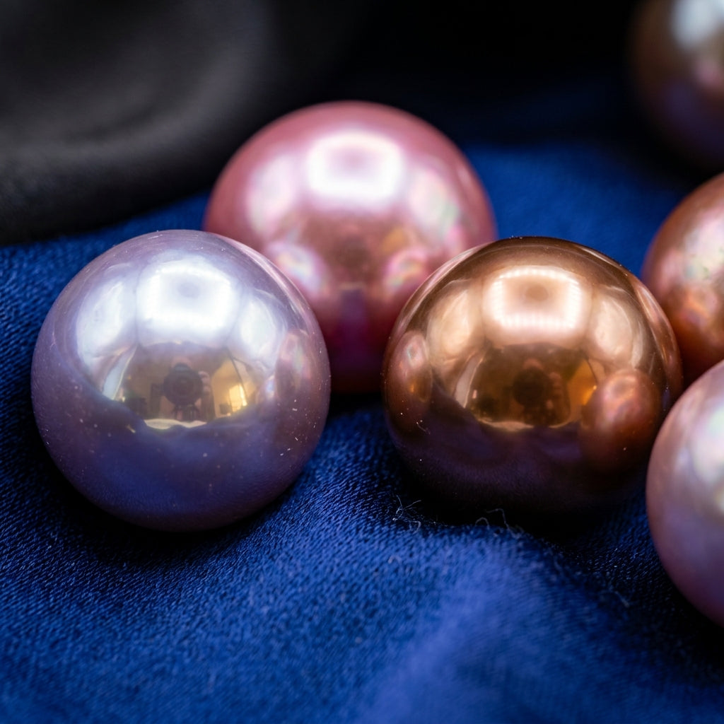 Macro photography of giant metallic pink, bronze, and lavender Edison pearls on royal blue silk