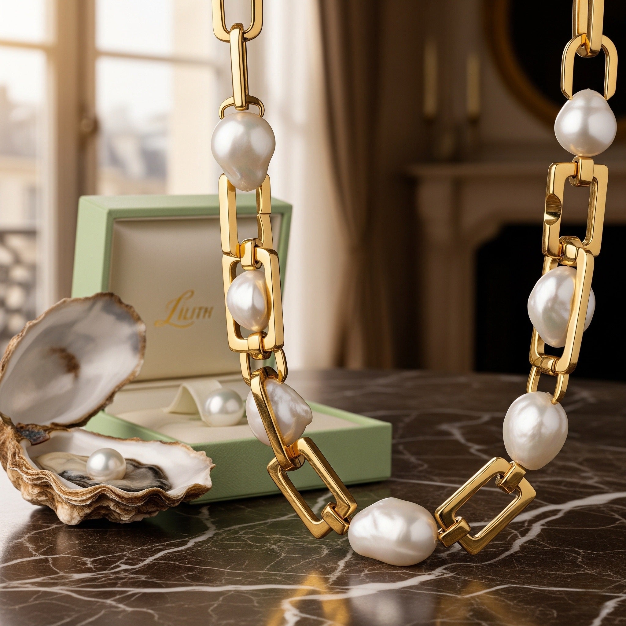 Grande Lilith luxury jewelry featuring large white baroque cultured pearls and architectural gold geometric links on a dark brown marble surface. Beside the necklace is a signature light green jewelry box and an open oyster shell revealing a radiant pearl