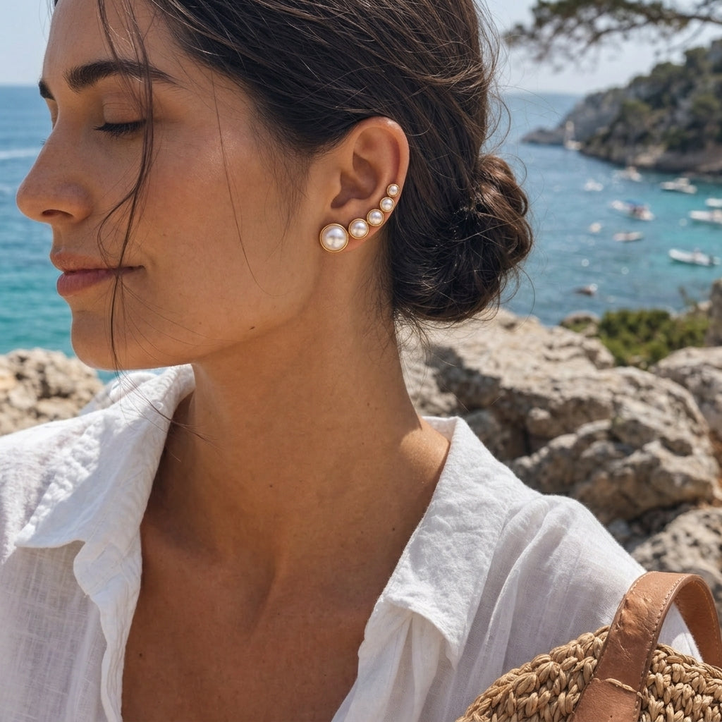 Woman wearing a graduated cultured pearl ear climber in gold bezel settings along the earlobe
