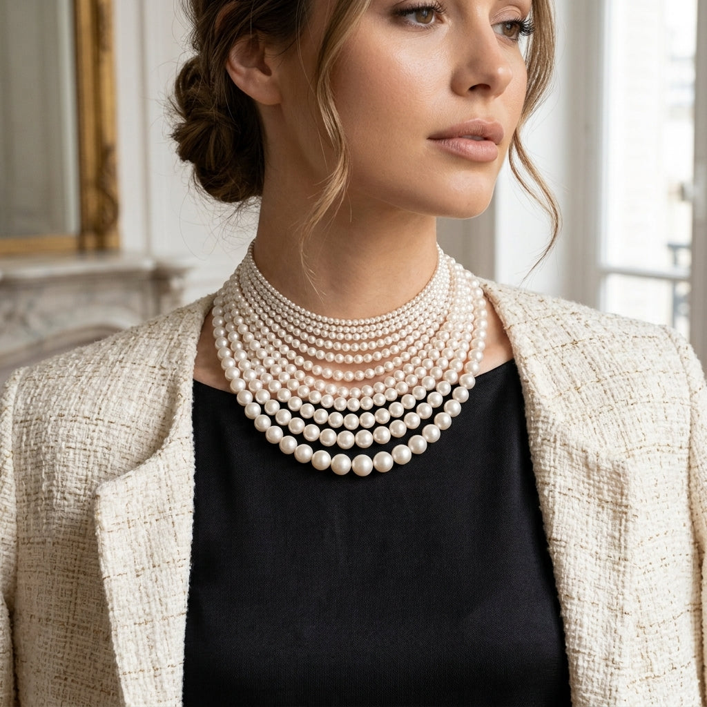 Woman wearing a multi-strand graduated cultured pearl necklace showing real-life millimeter scale from 4mm to 12mm for the Grande Lilith pearl size chart