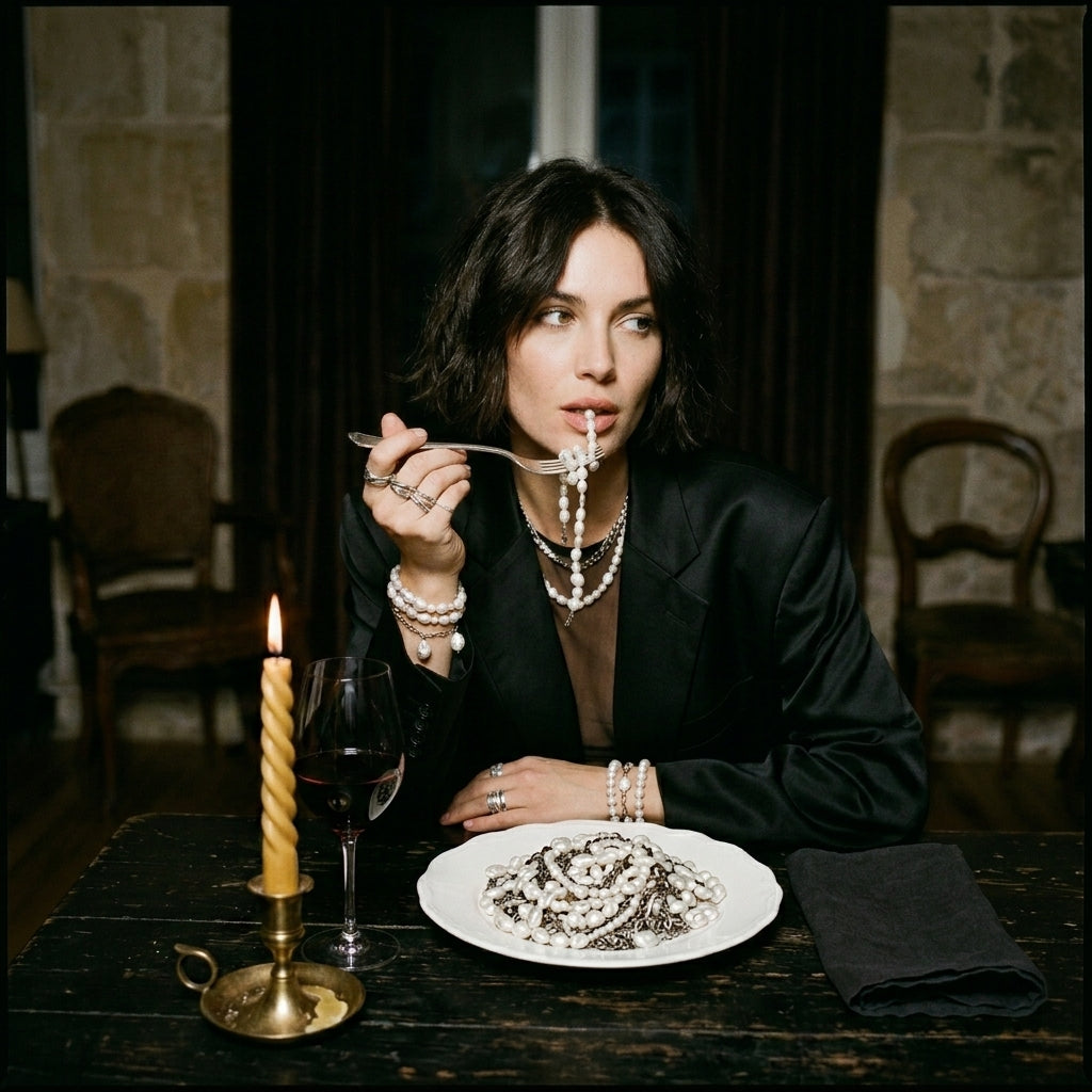A chic modern woman playfully lifting a Grande Lilith baroque freshwater pearl bracelet from a porcelain plate with a silver fork in a moody, avant-garde Parisian setting