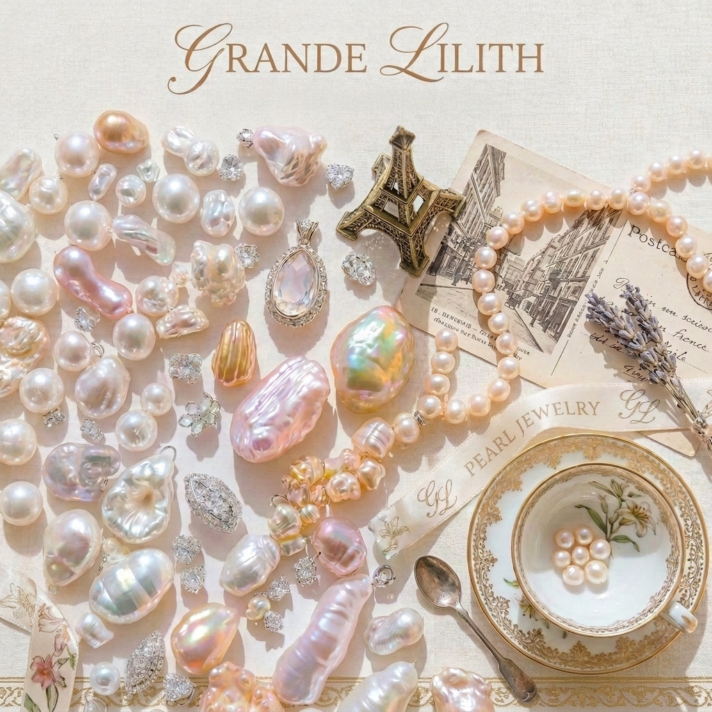 Grande Lilith Parisian flat lay featuring various cultured pearl shapes, from large iridescent baroque pearls and loose spheres in a vintage teacup to classic strands and Eiffel tower accents.