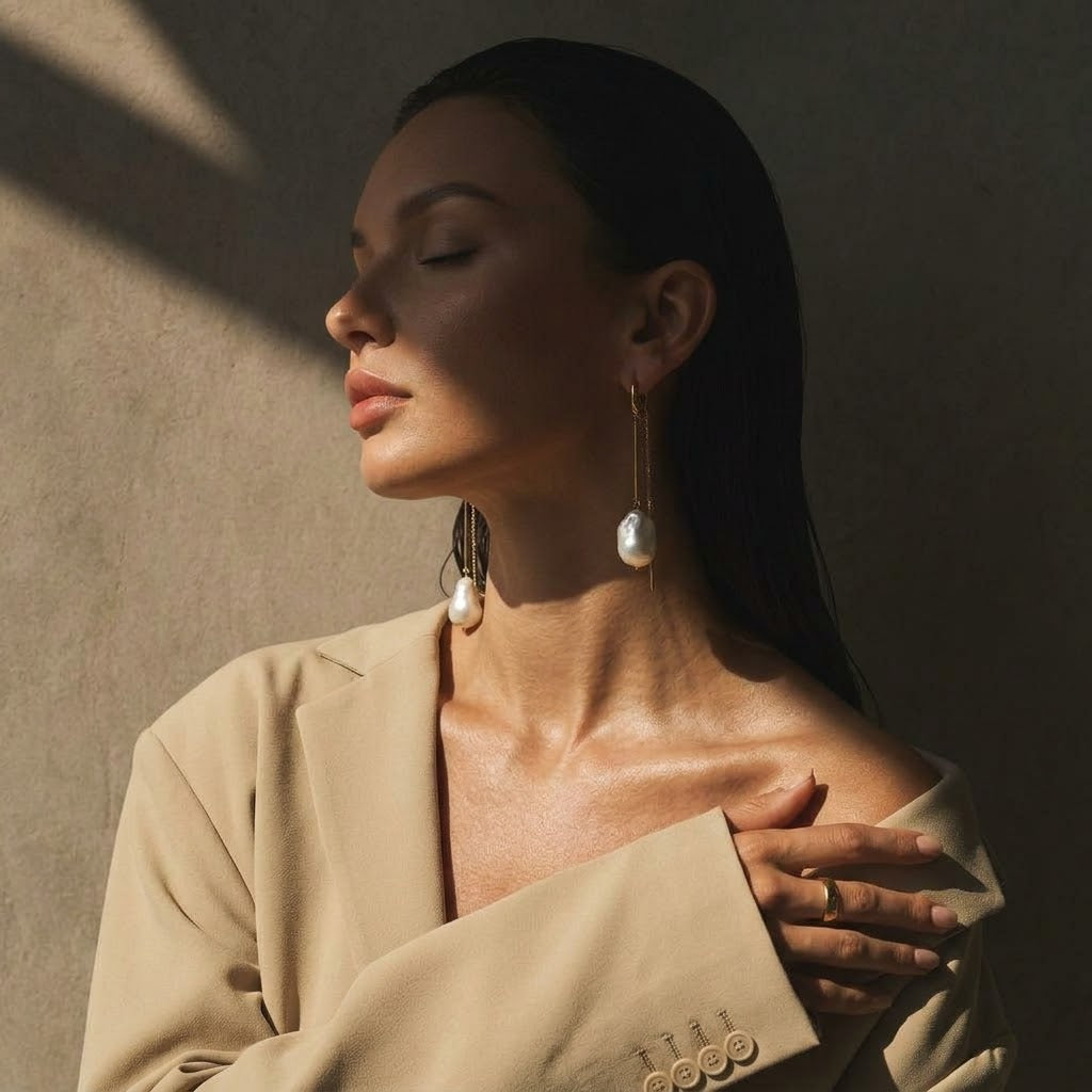Confident woman with slicked-back hair wearing a tailored beige blazer and modern long baroque pearl earrings bathed in warm sunlight, representing modern quiet luxury jewelry by Grande Lilith.