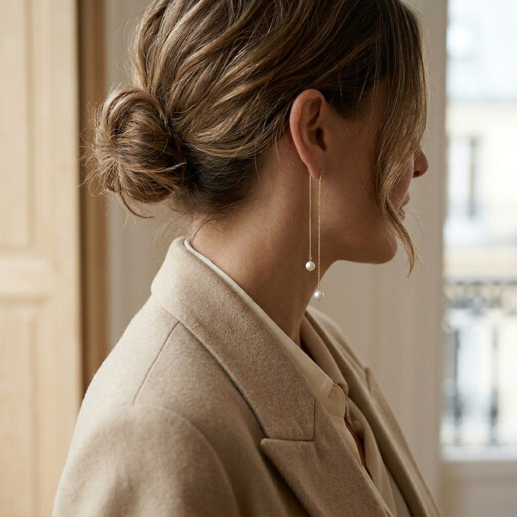 Side profile of a woman with an effortless bun wearing minimalist gold and pearl chain earrings and a beige wool blazer.