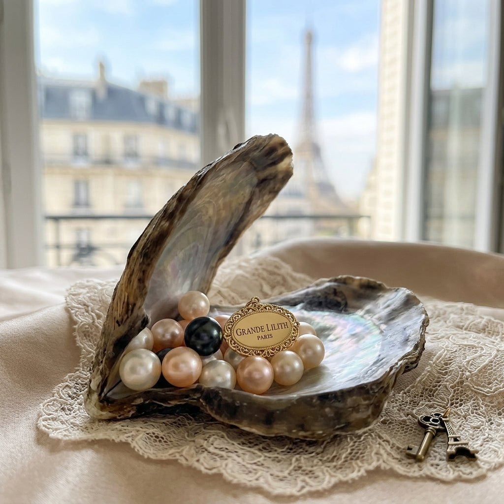Open natural oyster shell filled with white, pink, cream, and dark cultured pearls next to a Grande Lilith Paris gold tag with the Eiffel Tower in the background.