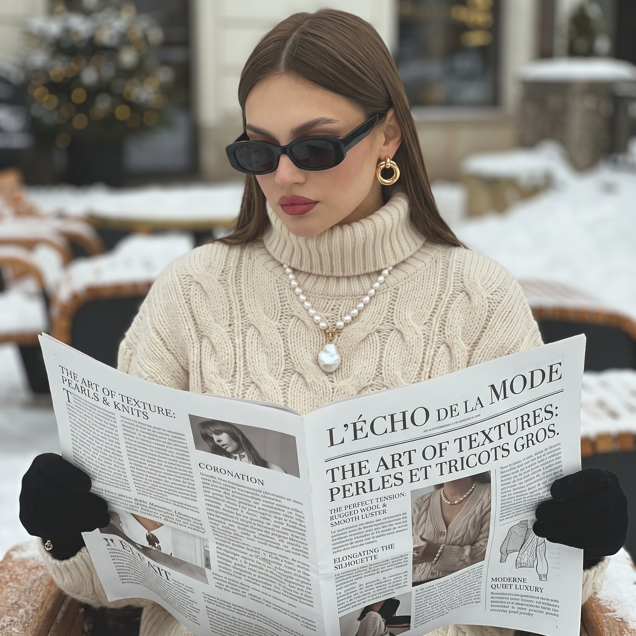 A chic woman in black sunglasses, a cream cable-knit turtleneck, and a bold freshwater pearl drop necklace reads a French fashion newspaper outdoors in winter.