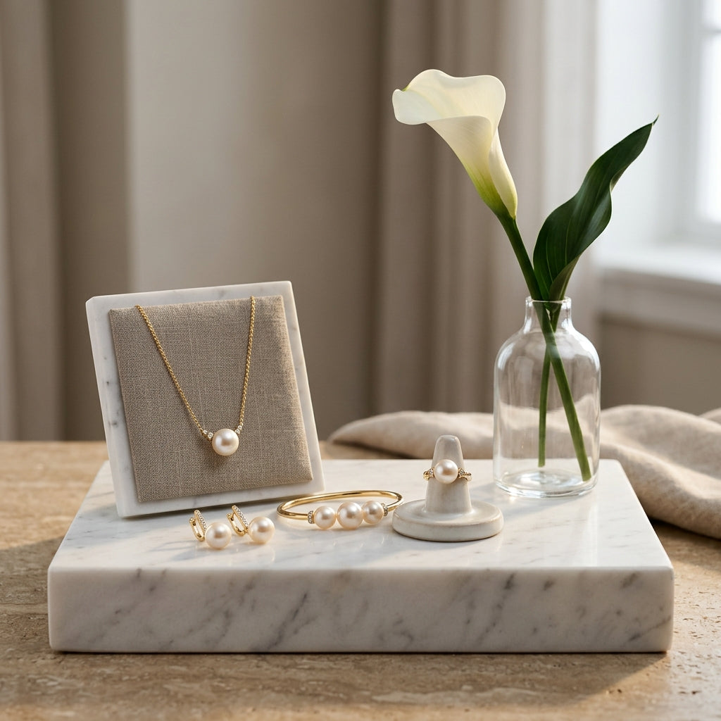 Luxury lifestyle display of contemporary certified real cultured pearl jewelry on a marble pedestal next to a calla lily.