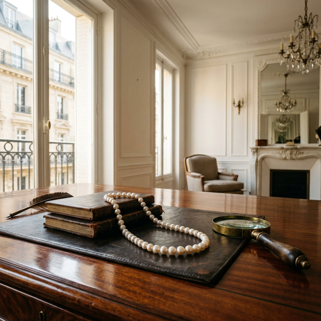 Pearl necklace displayed on vintage books beside a magnifying glass on a wooden desk in an elegant Parisian interior.
