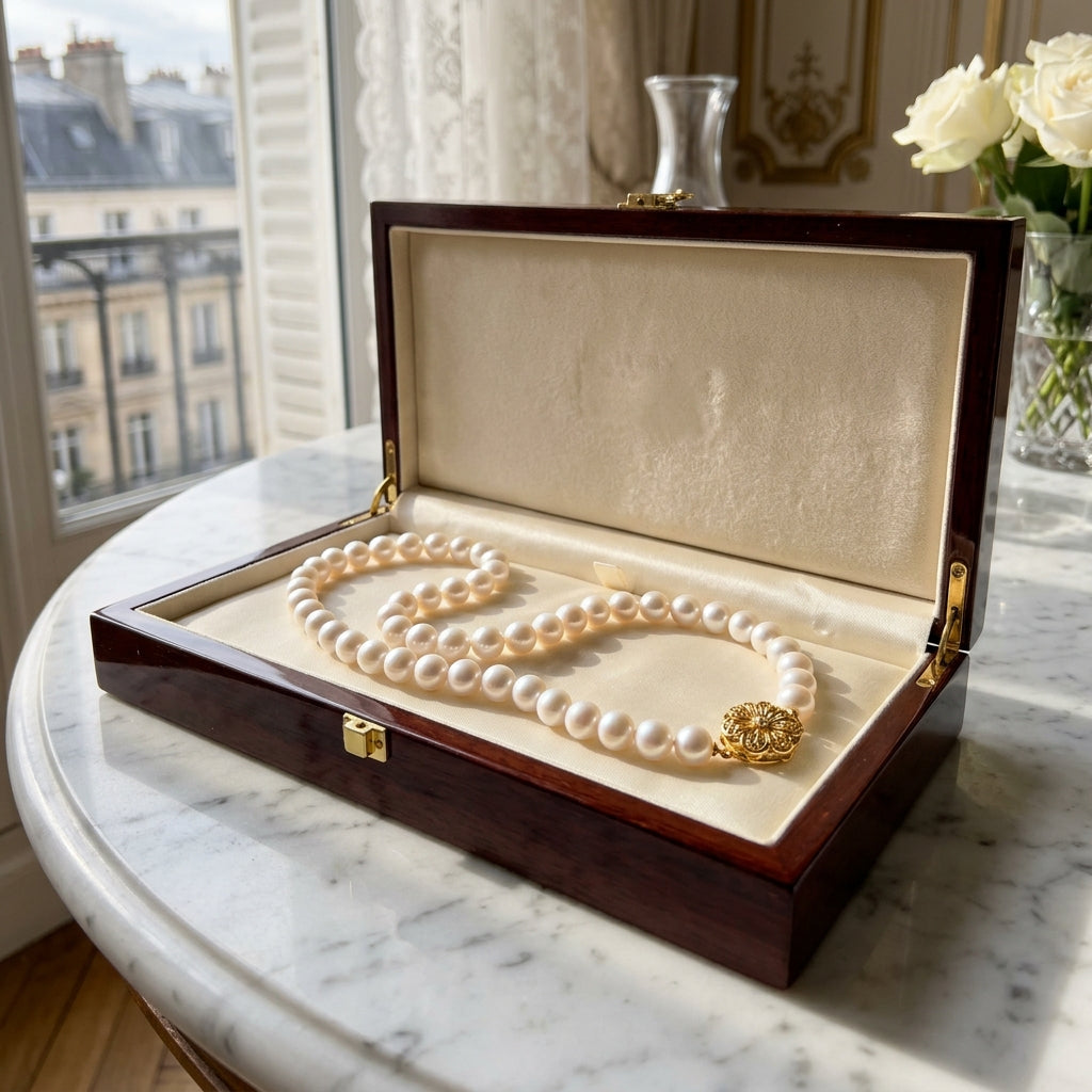 Freshwater pearl necklace with lustrous white 8mm round pearls and an 18K gold clasp draped over ivory silk inside a mahogany jewelry chest
