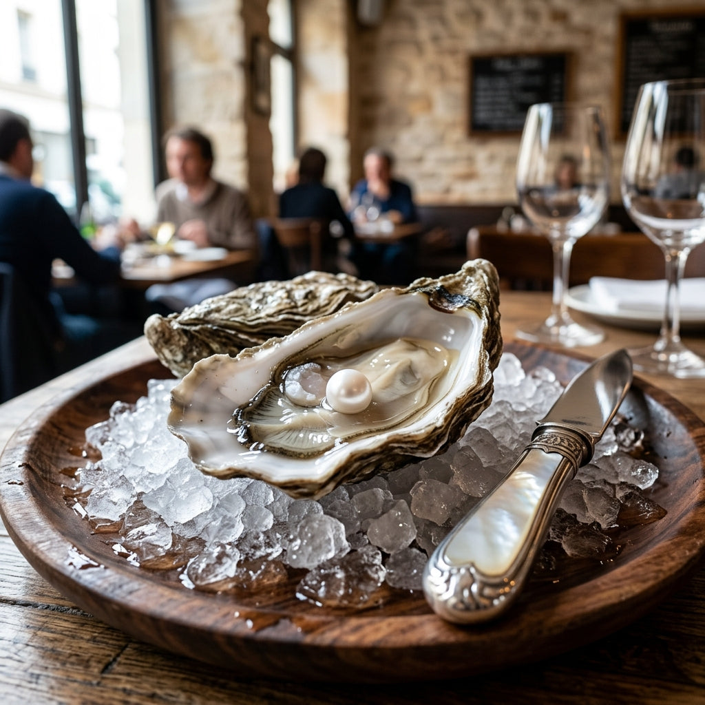 Small natural chalky white pearl resting inside an opened edible oyster shell on crushed ice with a silver shucking knife on a mahogany platter
