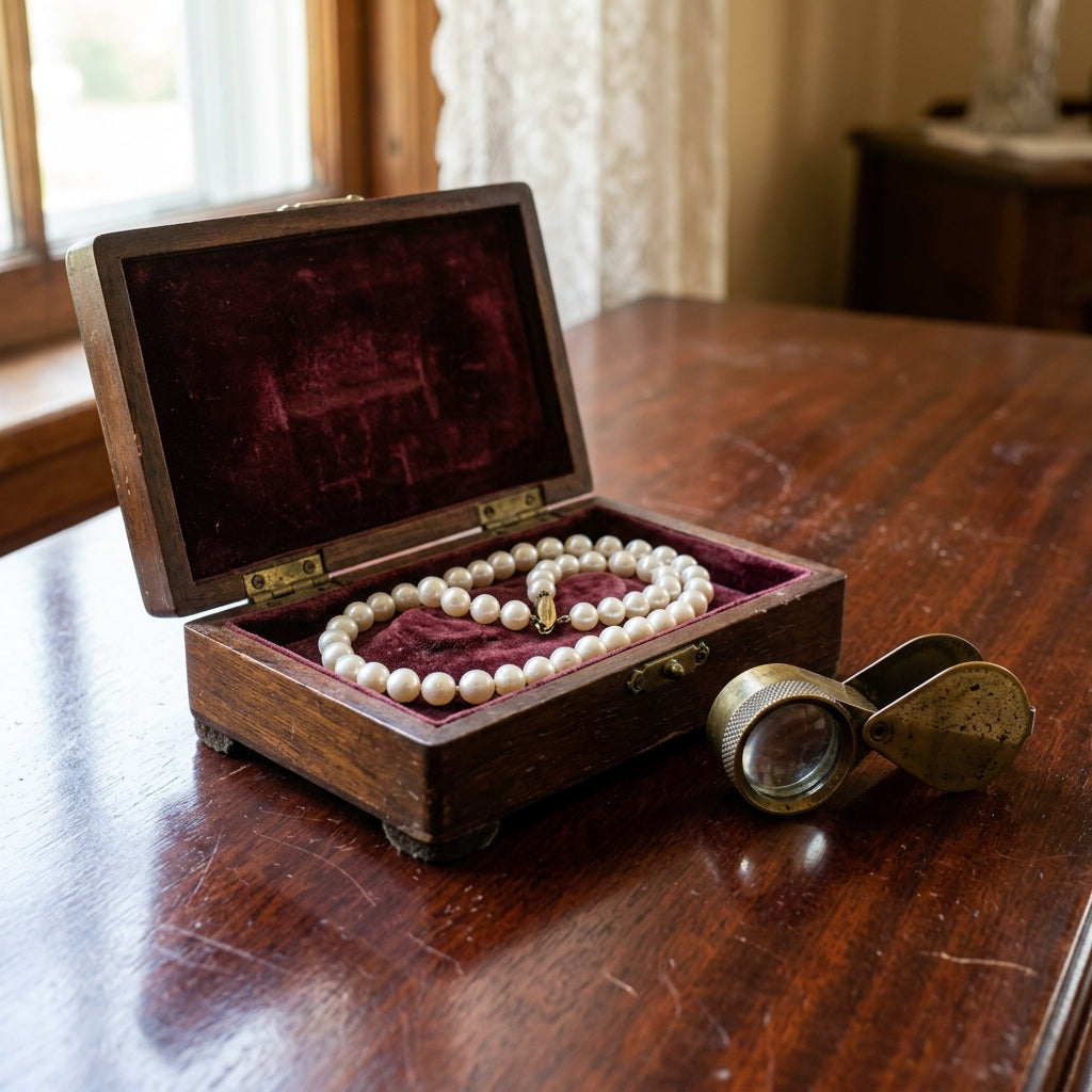 Vintage jewelry box opening to display an inherited pearl necklace next to an antique loupe.
