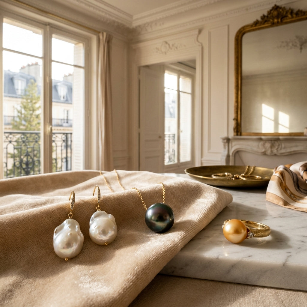 French luxury jewelry arrangement of baroque drop earrings, Tahitian pendant, and golden South Sea ring on cream velvet