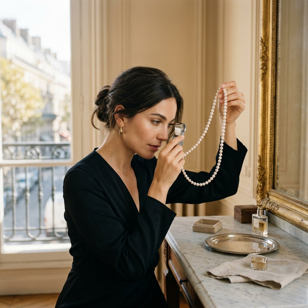 Parisian woman in black silk dress holding silver loupe inspecting white Akoya pearl necklace on Carrara marble vanity