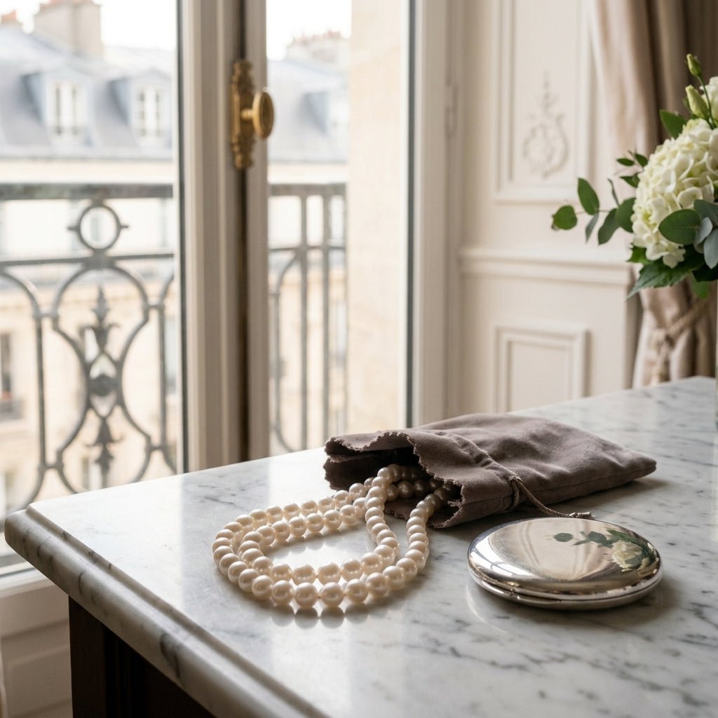 Luminous white Akoya pearl strand spilling out of velvet pouch on white marble counter in Parisian suite