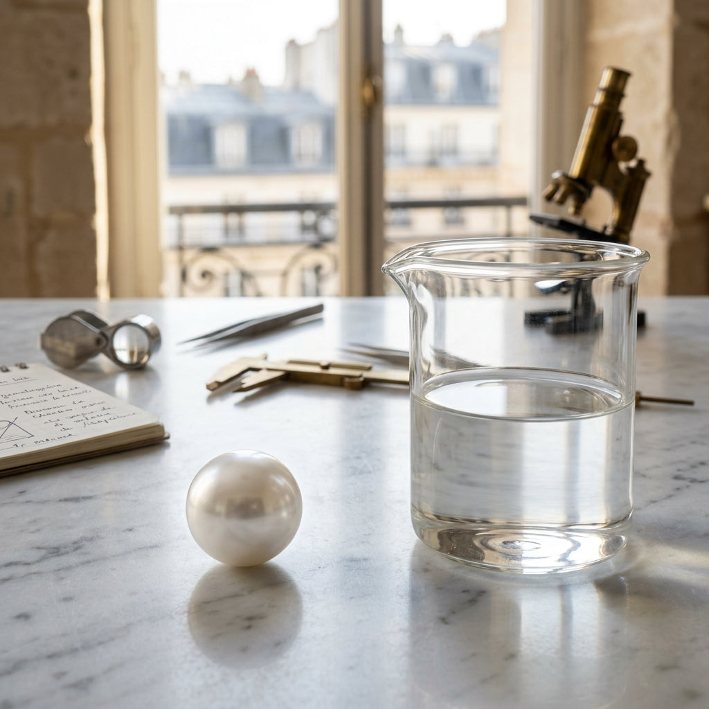 Macro laboratory photography of a white Akoya pearl beside a glass vessel of clear household vinegar on white marble