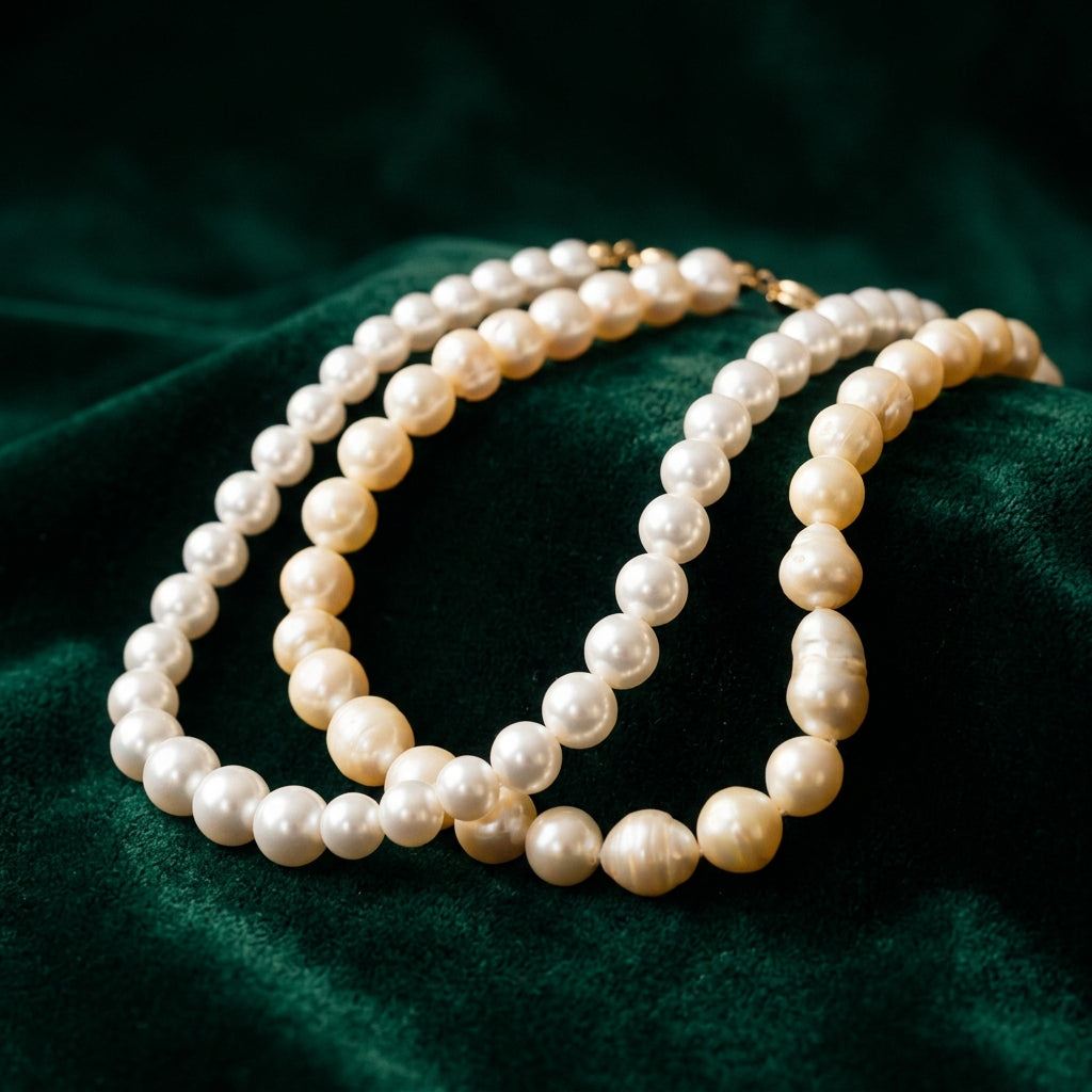 Ultra-realistic fine jewelry photography comparing highly reflective shell pearl strand with glowing organic cultured strand on emerald velvet