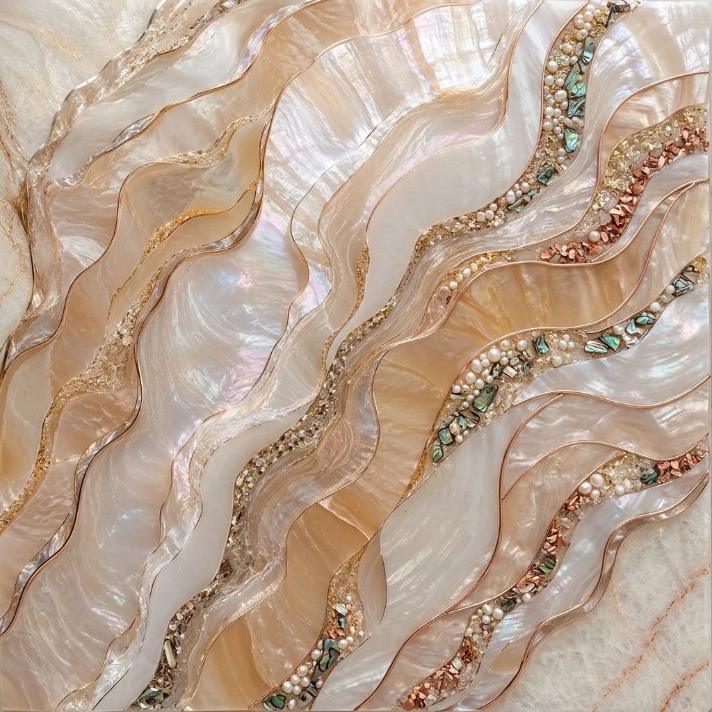 Artistic macro composition of flowing mother of pearl nacre layers with iridescent gold luster, seed pearls, and organic crystalline textures