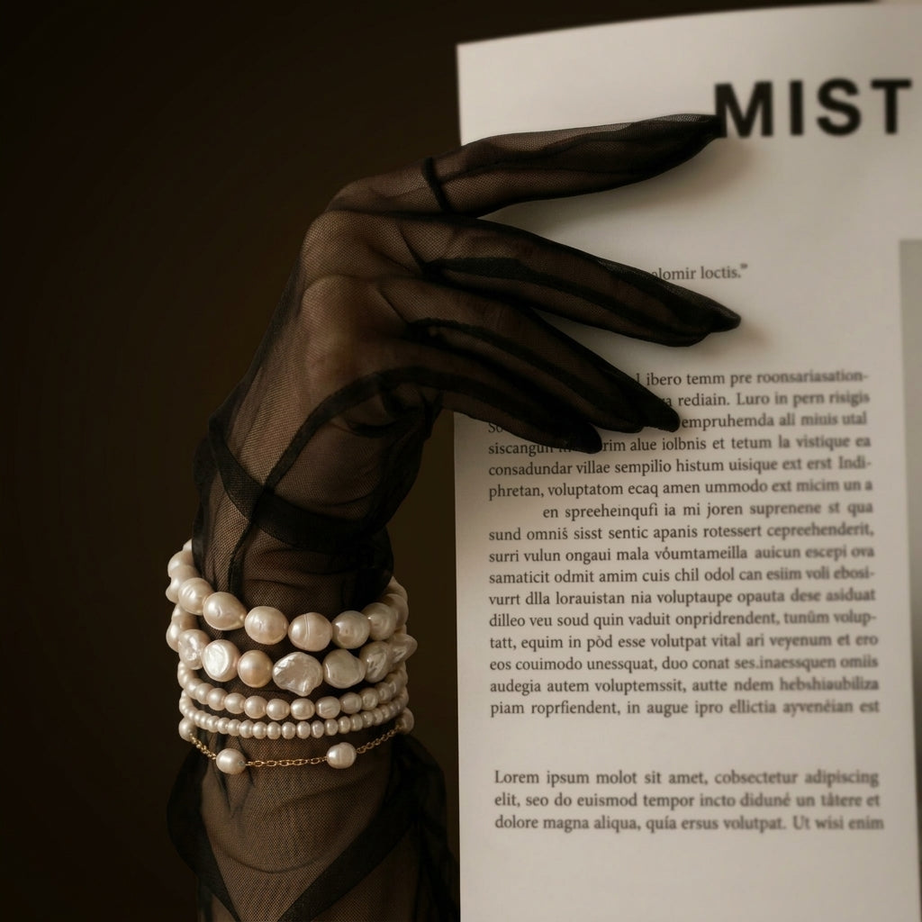 Hand wearing sheer black gloves layered with multiple pearl bracelets and a delicate gold pearl bracelet, holding a fashion magazine.