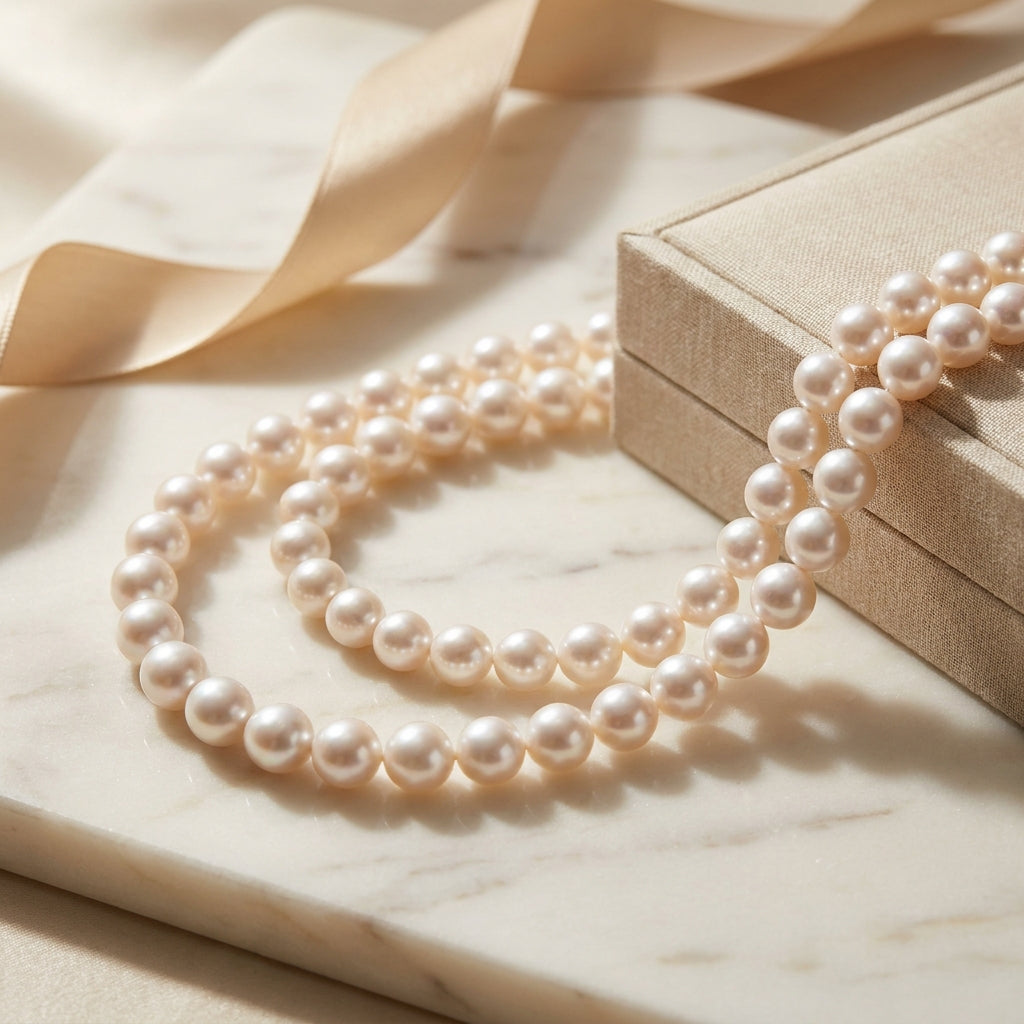 Luxury Japanese Akoya cultured pearl necklace with luminous white pearls and subtle rose overtones displayed on ivory marble.