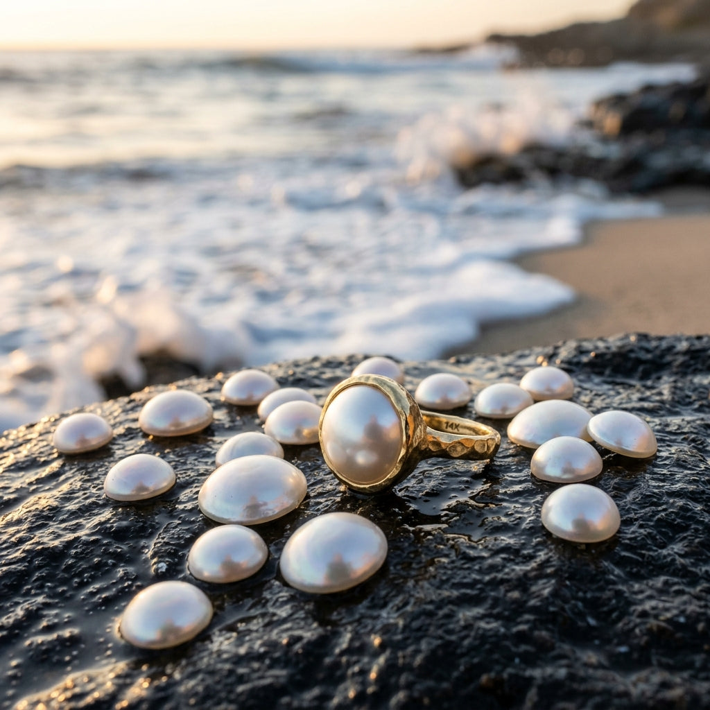 A 14k gold mabe pearl ring surrounded by loose, flat-backed white mabe cultured pearls resting on a wet coastal rock