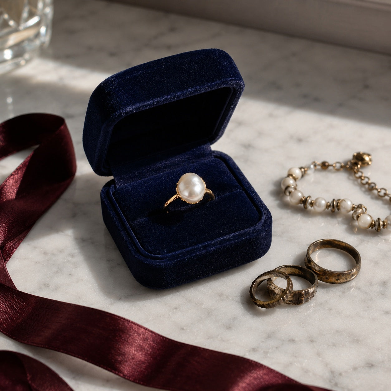 Modern freshwater pearl ring in navy velvet box on marble with gold rings and pearl bracelet