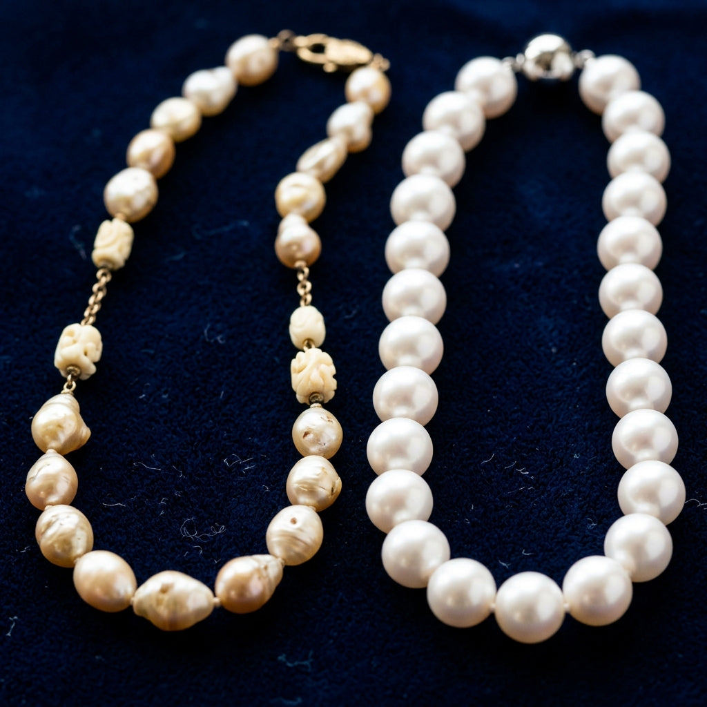 Macro luxury jewelry photograph comparing an antique wild natural pearl necklace with organic ivory shapes next to a radiant modern round white cultured pearl strand on navy velvet.