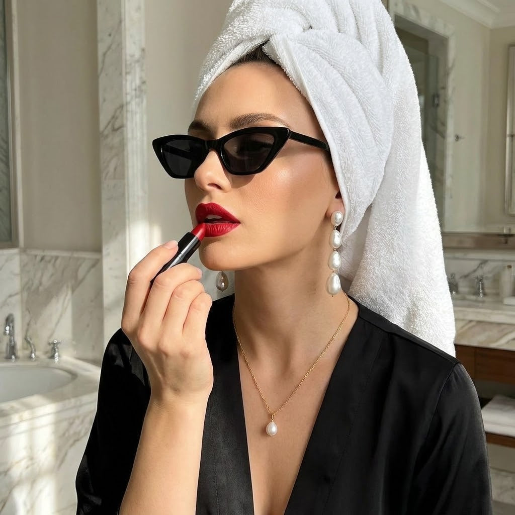 A stylish modern woman applying red lipstick in a sunlit marble bathroom. She is wearing black cat-eye sunglasses, a hair towel, a black silk robe, and elegant long pearl drop earrings, perfectly capturing the Parisian chic and quiet luxury aesthetic.