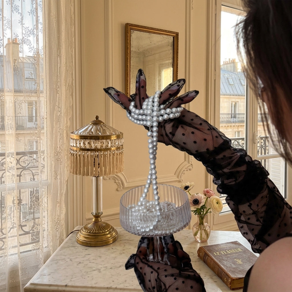 Woman wearing sheer black gloves holding strands of white pearls above a glass bowl in an elegant vintage Parisian interior.