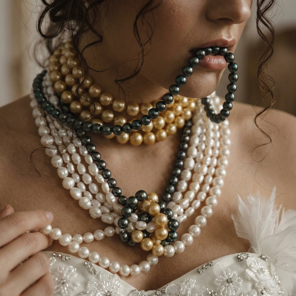 Gros plan d’une femme portant plusieurs colliers de perles blanches, dorées et noires, avec un rang de perles noires tenu entre les lèvres.