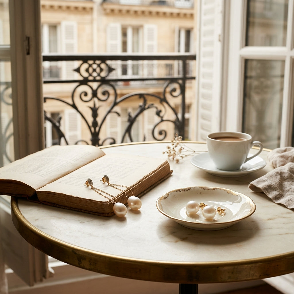 White pearl stud and pearl drop earrings displayed on a marble table with an open book and coffee beside a Parisian balcony.
