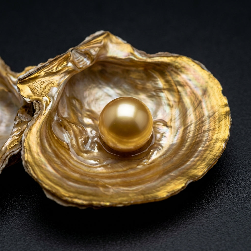 Open gold-lipped Pinctada maxima oyster shell showing natural iridescent gold nacre and a 14mm golden pearl