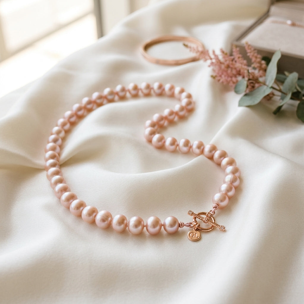 High-end luxury jewelry lifestyle shot featuring a natural pink freshwater pearl strand from Grande Lilith laid on cream-white silk.