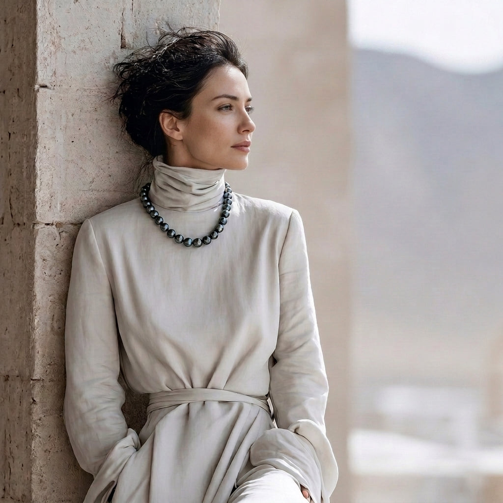 Woman wearing a round Tahitian black cultured pearl necklace strand styled over a high-neck neutral top.