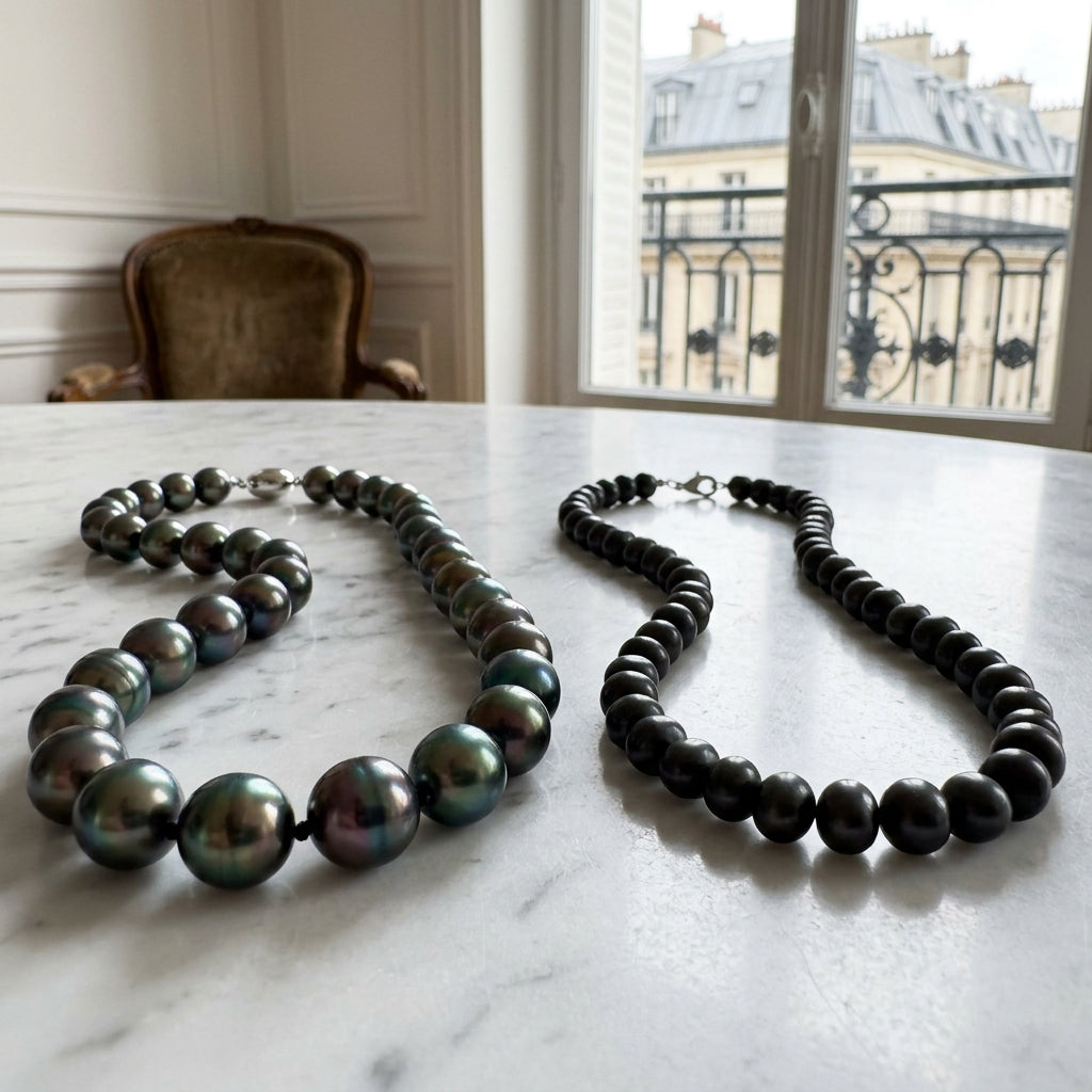Gemological display comparing a single Tahitian black pearl pendant beside a full hand-knotted Tahitian pearl necklace