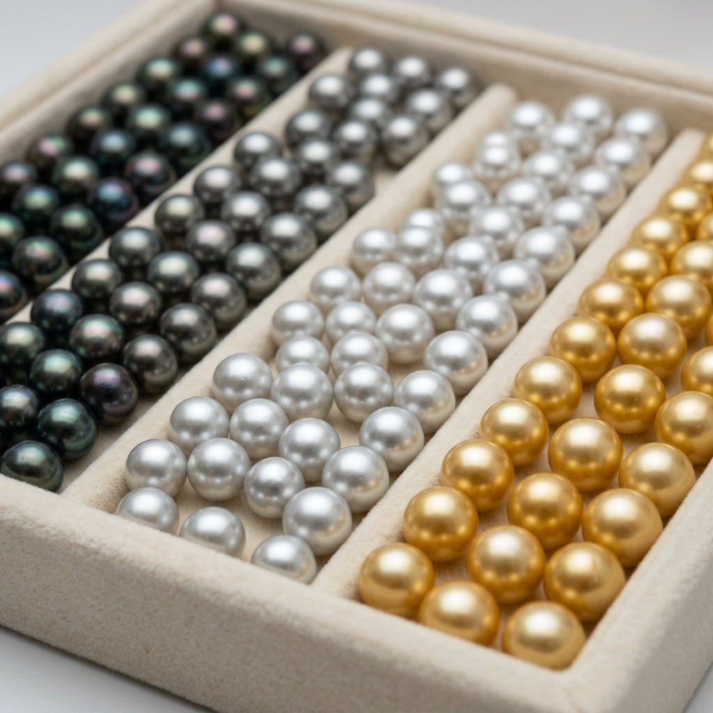 Macro Color Spectrum Display of Tahitian Peacock, White South Sea, and Golden South Sea Pearls