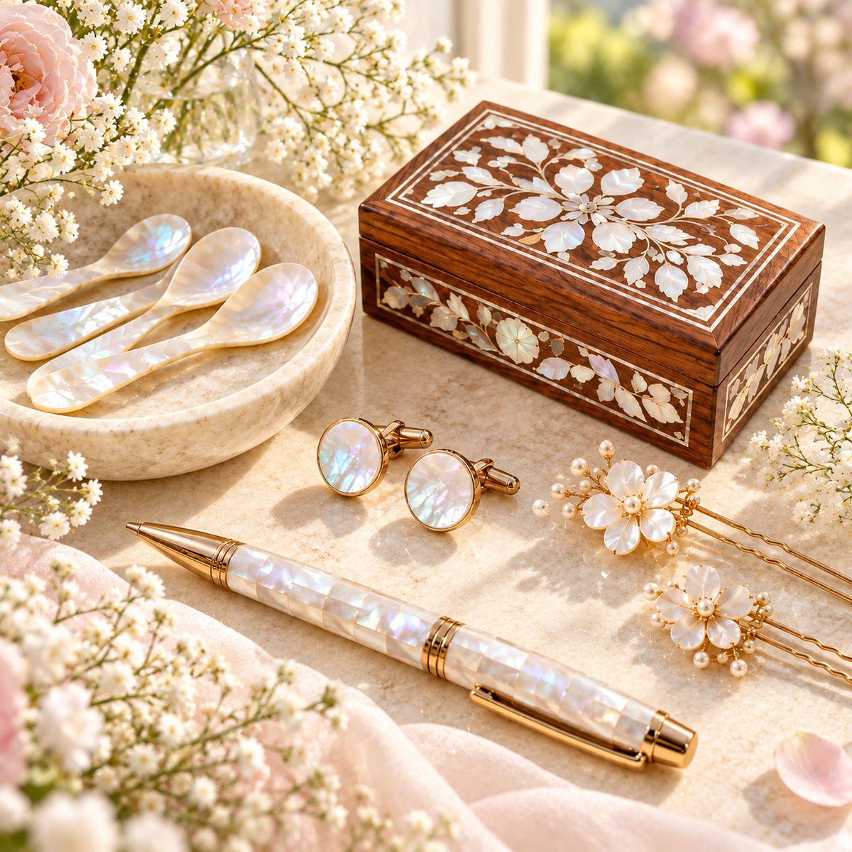 Collection of unusual mother of pearl gifts featuring an inlaid wooden box, iridescent spoons, cufflinks, floral hair pins, and a decorative pen.