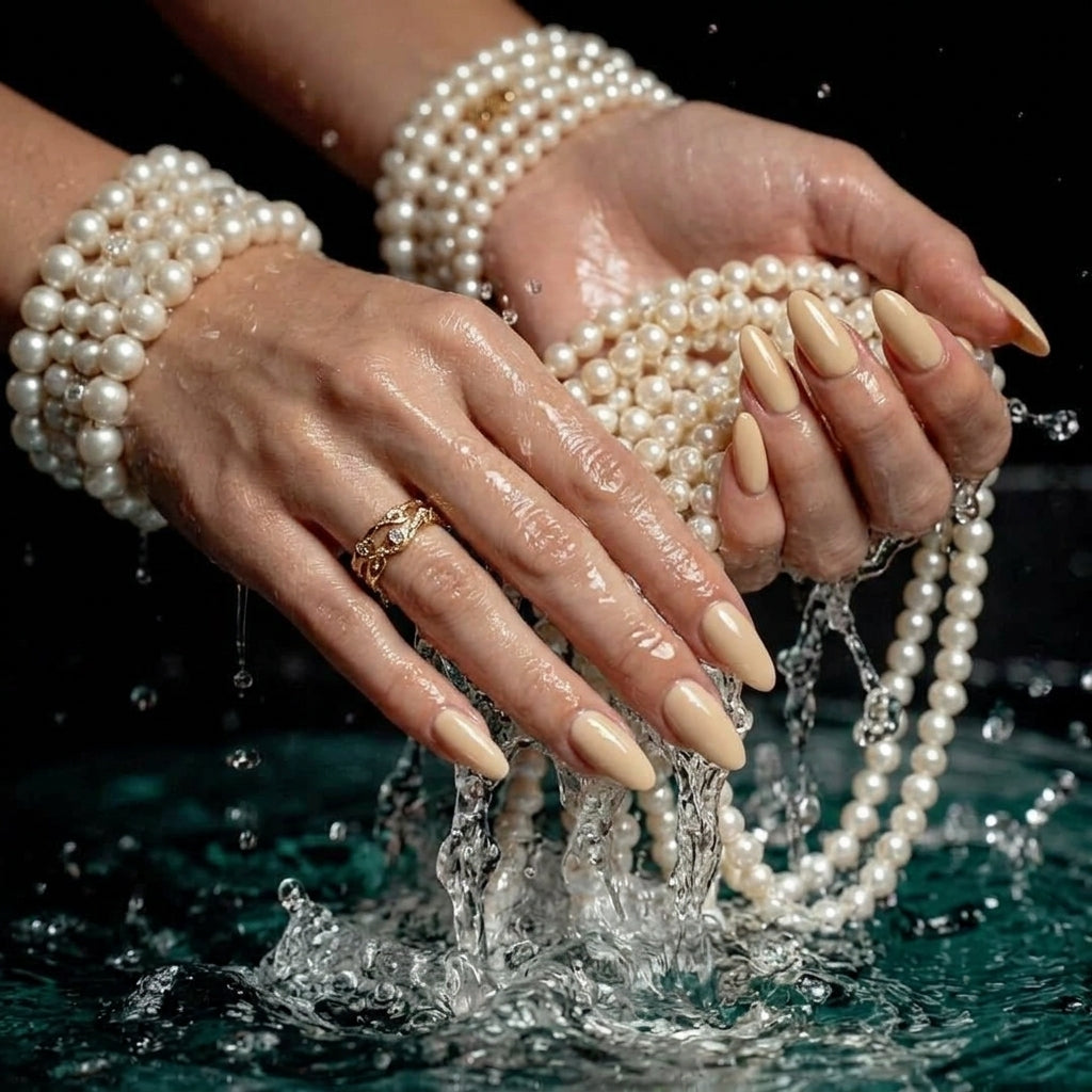 Woman’s hands wearing layered pearl bracelets and holding strands of white pearls under running water, with a gold ring and neutral manicure.