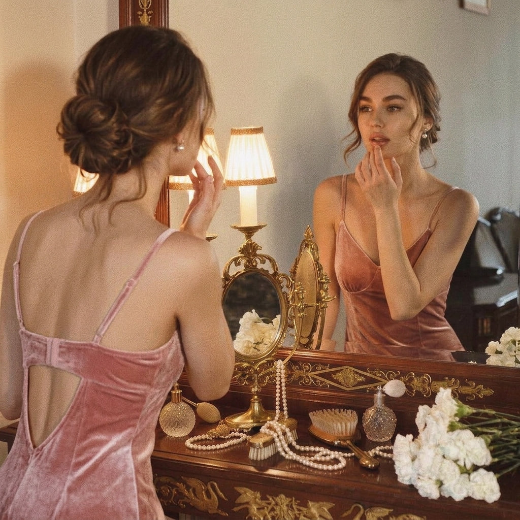 Woman in a pink satin dress getting ready at a vintage vanity, with pearl necklaces and beauty accessories arranged on the dressing table.