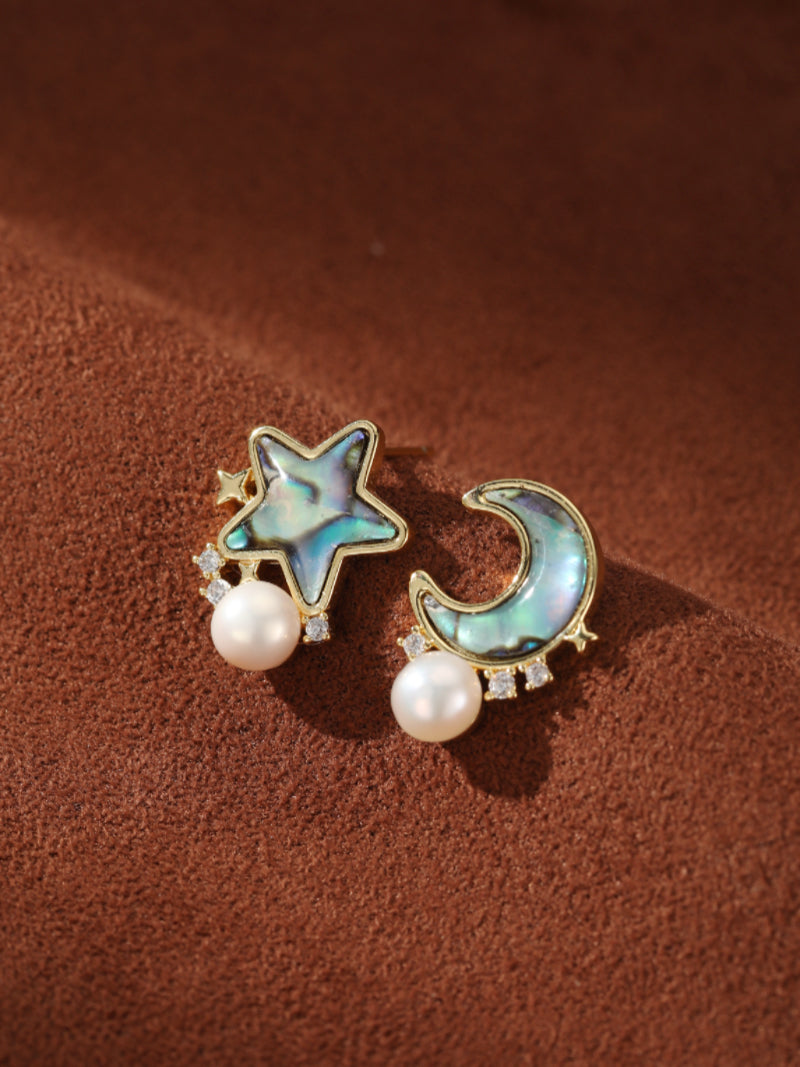Orbit - Freshwater Pearl Moon and Star Stud Earrings