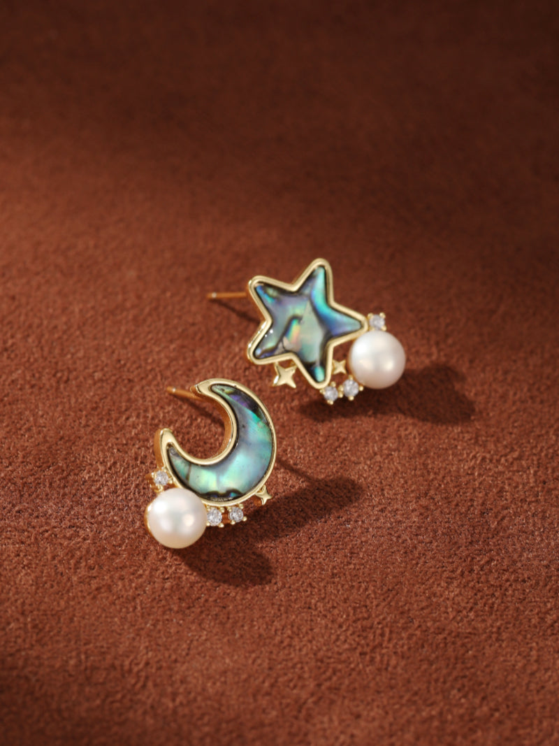Orbit - Freshwater Pearl Moon and Star Stud Earrings
